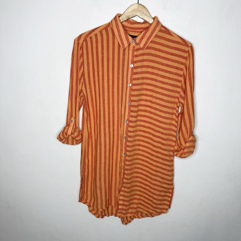 Tahari Orange Linen Blend Stripe Roll Tab Sleeve Collared Shirt Women's Medium